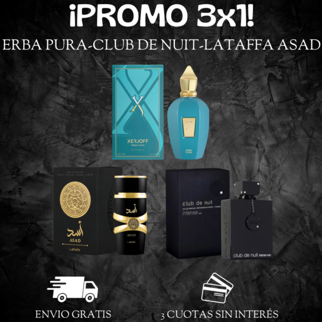 3x1 PERFUMES ÁRABES ERBA PURA - LATTAFA ASAD - CLUB DE NUIT